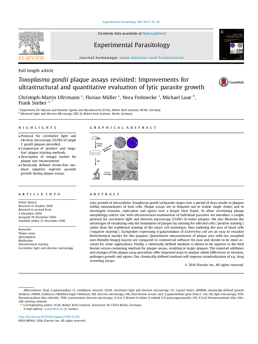 Full length articleToxoplasma gondii plaque assays revisited: Improvements for ultrastructural and quantitative evaluation of lytic parasite growth