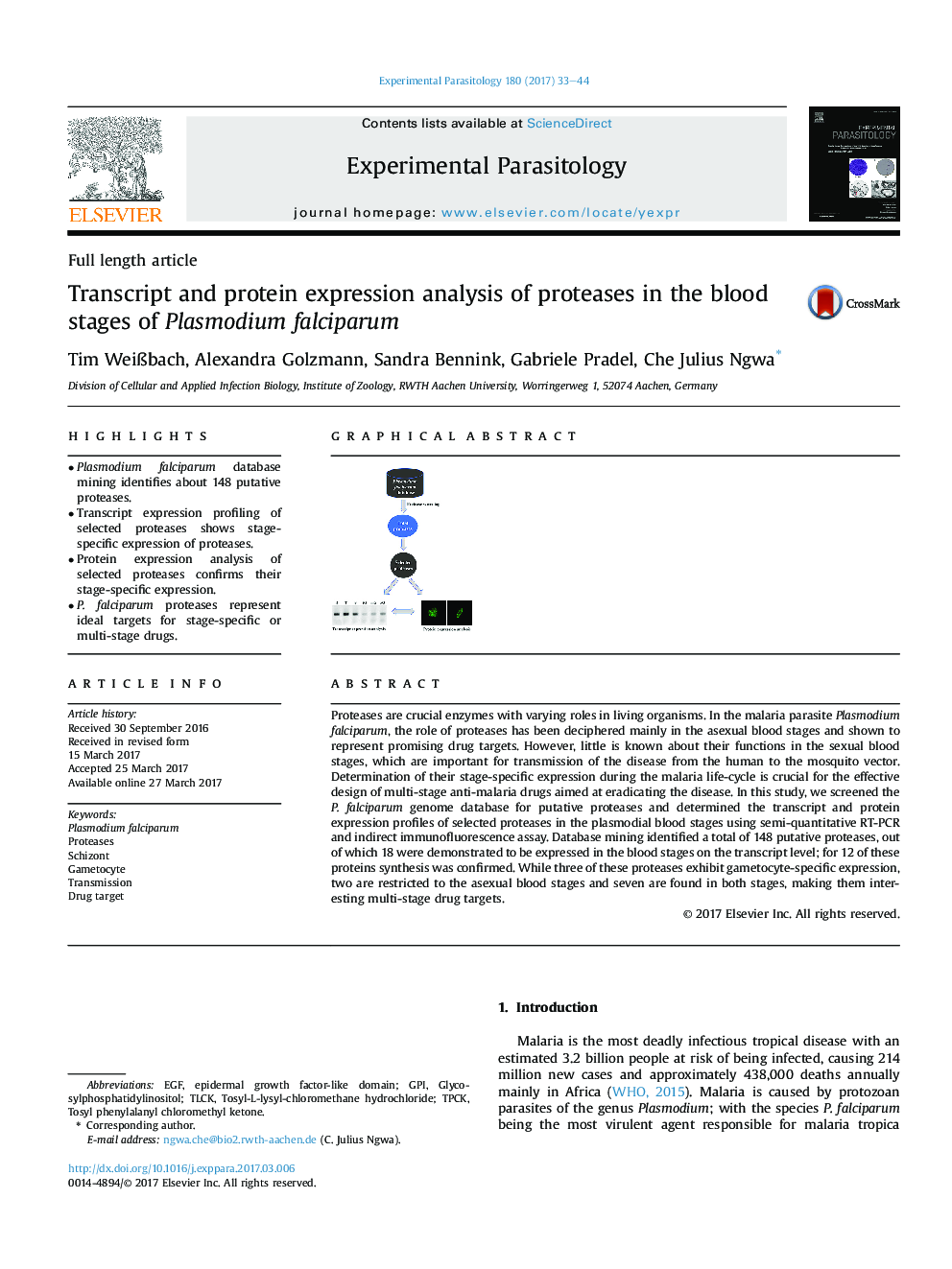 عکس صفحه اول مقاله: Full length articleTranscript and protein expression analysis of proteases in the blood stages of Plasmodium falciparum Full length articleTranscript and protein expression analysis of proteases in the blood stages of Plasmodium falciparum