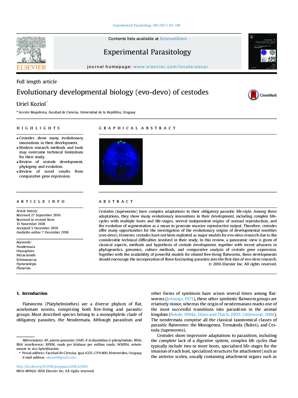 Full length articleEvolutionary developmental biology (evo-devo) of cestodes
