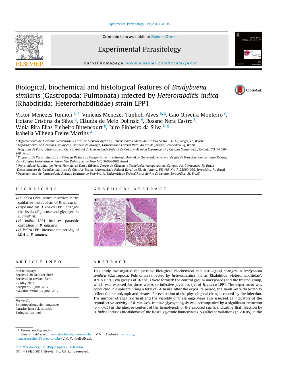 Biological, biochemical and histological features of Bradybaena similaris (Gastropoda: Pulmonata) infected by Heterorabditis indica (Rhabditida: Heterorhabditidae) strain LPP1