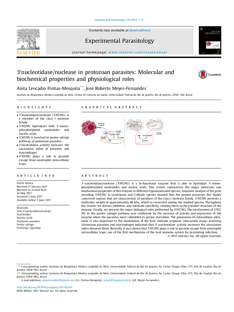 3â²nucleotidase/nuclease in protozoan parasites: Molecular and biochemical properties and physiological roles
