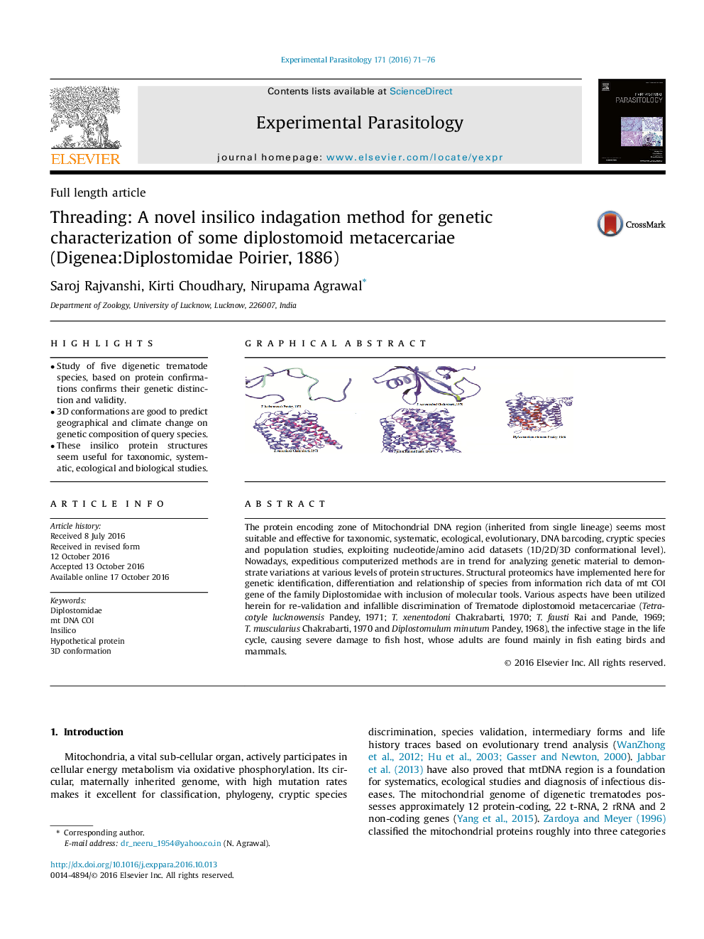 Full length articleThreading: A novel insilico indagation method for genetic characterization of some diplostomoid metacercariae (Digenea:Diplostomidae Poirier, 1886)