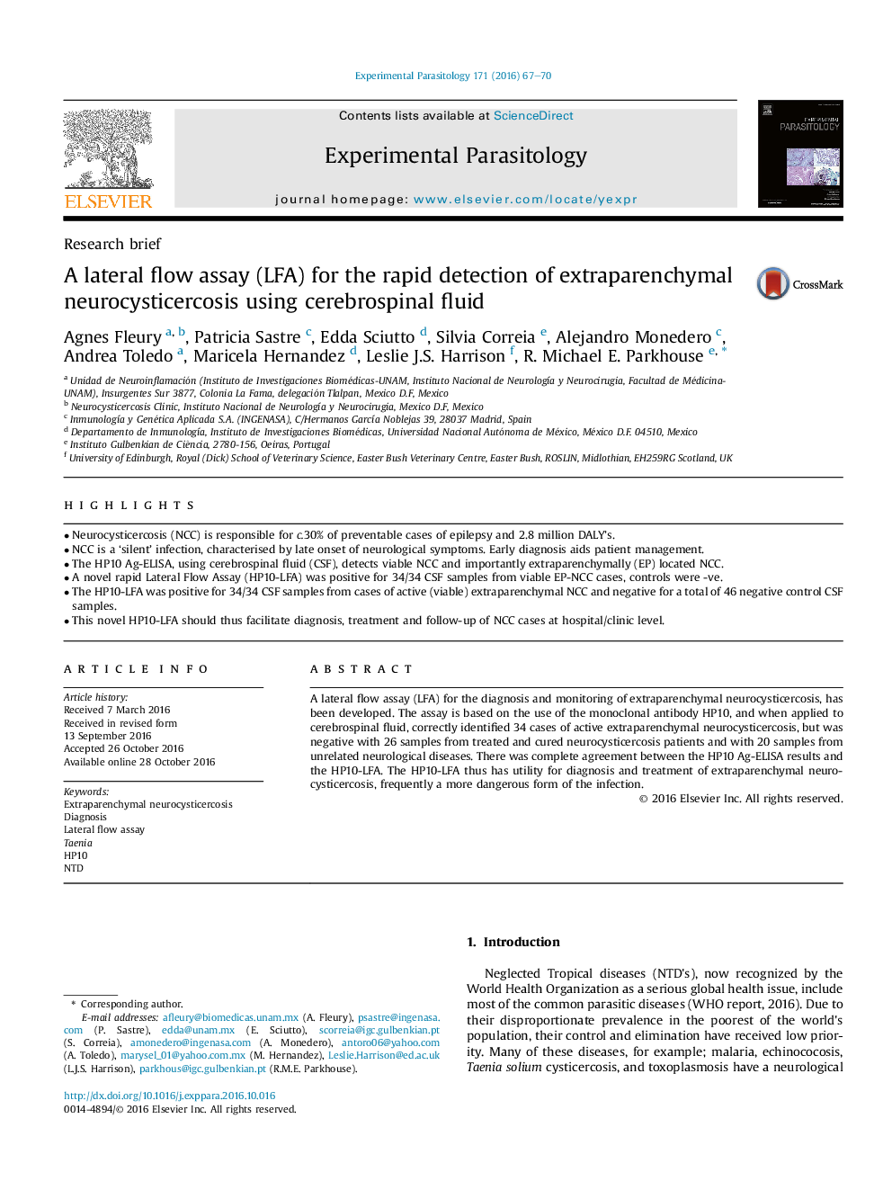 Research briefA lateral flow assay (LFA) for the rapid detection of extraparenchymal neurocysticercosis using cerebrospinal fluid