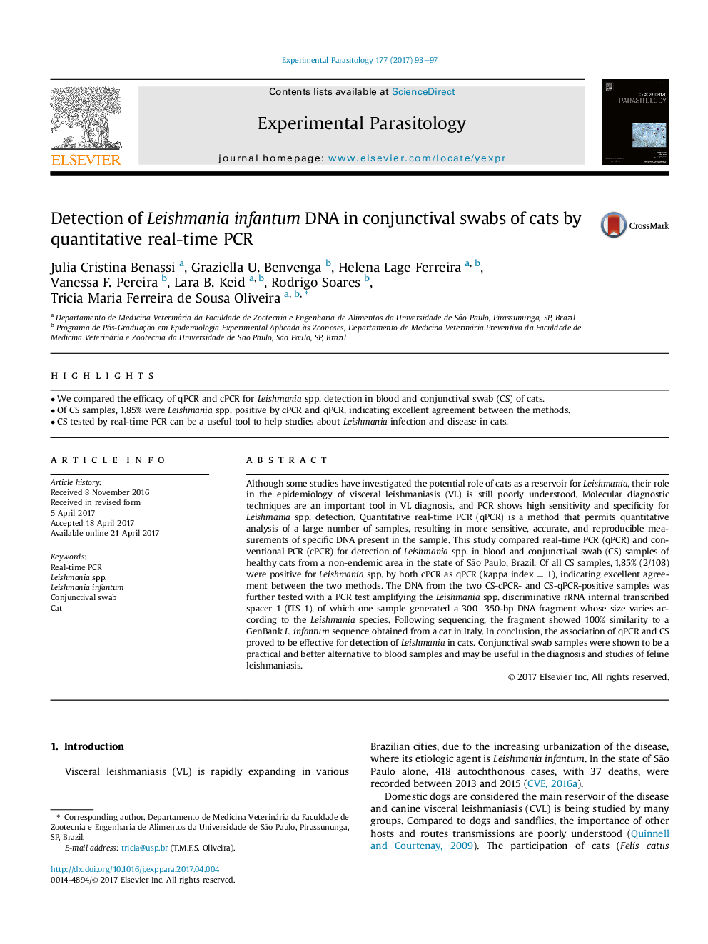 Detection of Leishmania infantum DNA in conjunctival swabs of cats by quantitative real-time PCR