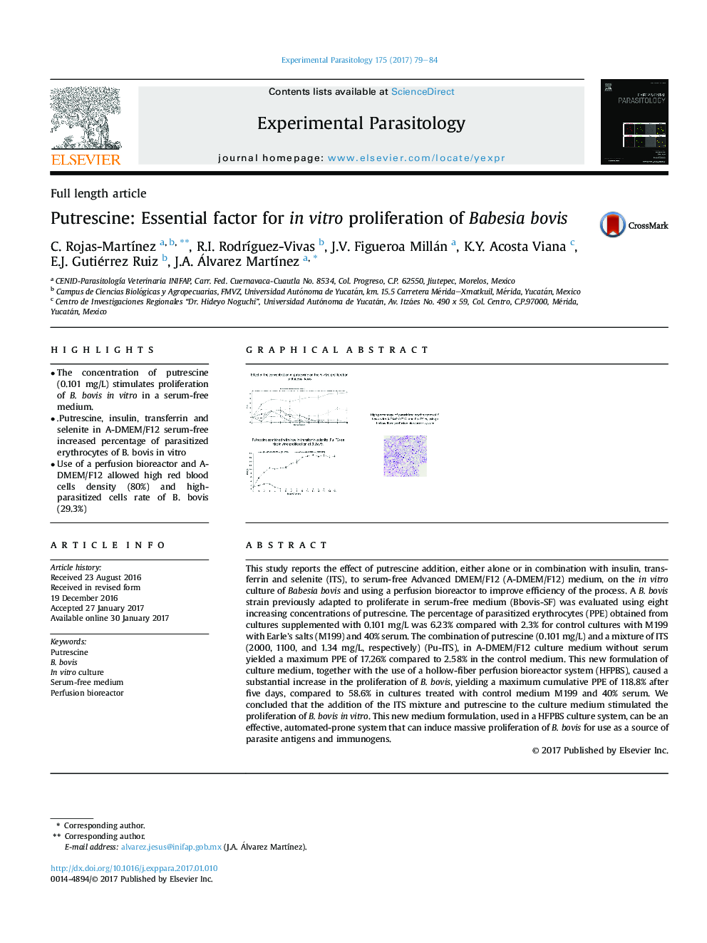 Full length articlePutrescine: Essential factor for inÂ vitro proliferation of Babesia bovis