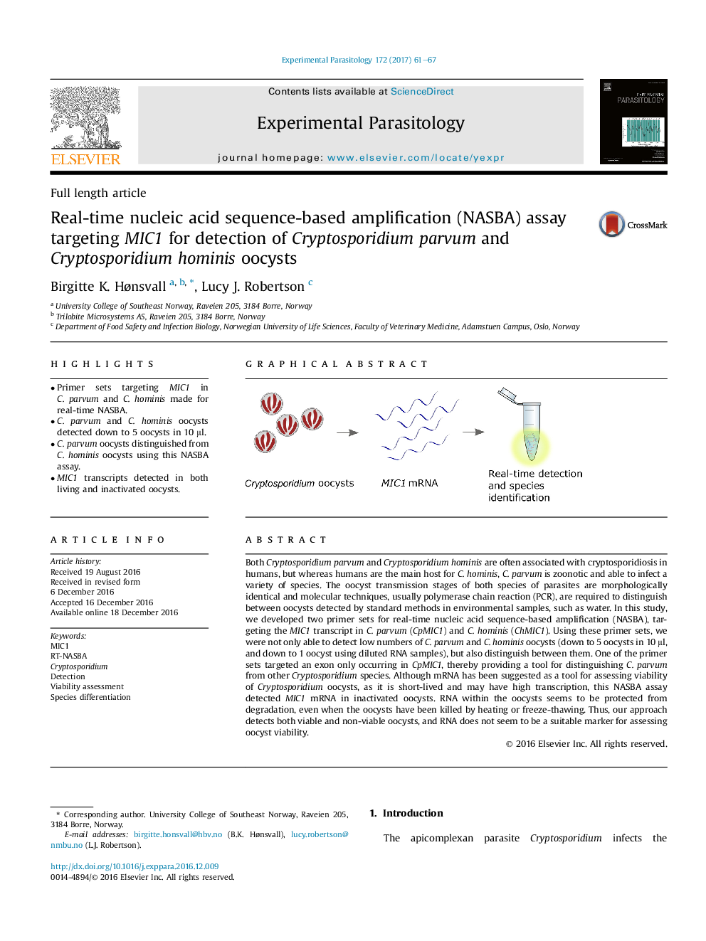 Full length articleReal-time nucleic acid sequence-based amplification (NASBA) assay targeting MIC1 for detection of Cryptosporidium parvum and Cryptosporidium hominis oocysts