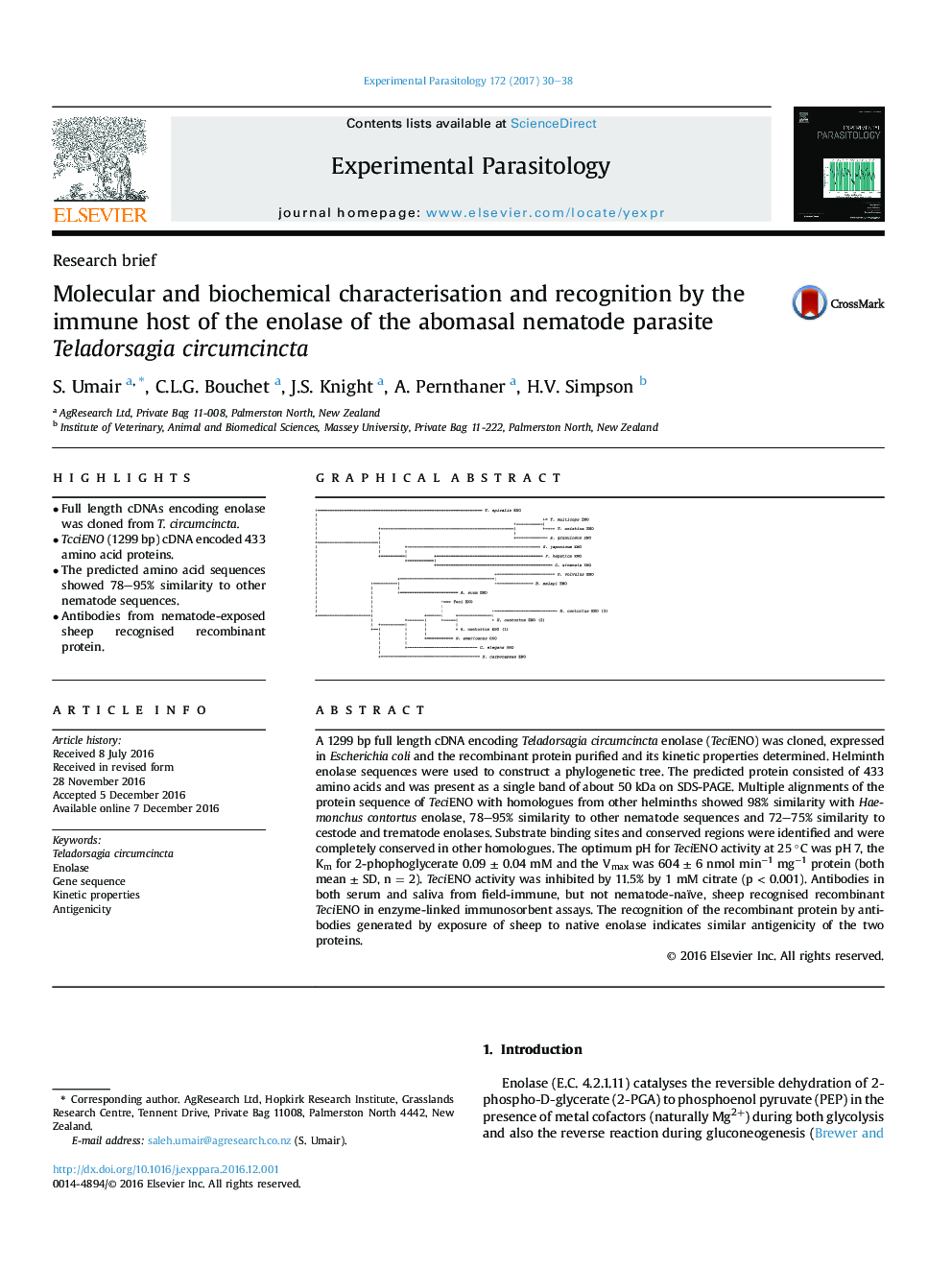 Research briefMolecular and biochemical characterisation and recognition by the immune host of the enolase of the abomasal nematode parasite Teladorsagia circumcincta