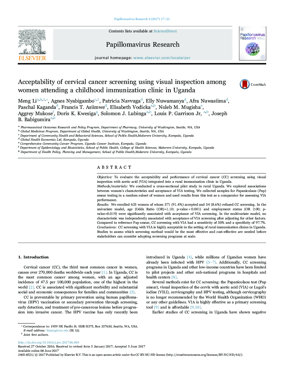 Acceptability of cervical cancer screening using visual inspection among women attending a childhood immunization clinic in Uganda