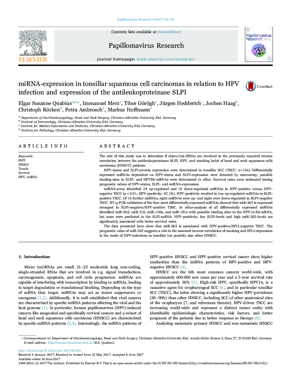 miRNA-expression in tonsillar squamous cell carcinomas in relation to HPV infection and expression of the antileukoproteinase SLPI