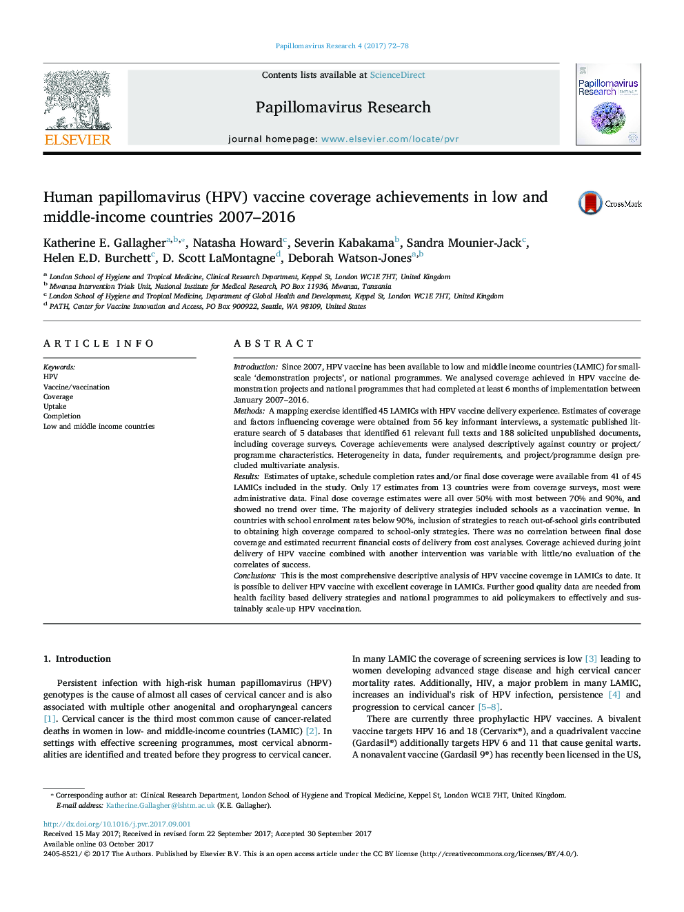 Human papillomavirus (HPV) vaccine coverage achievements in low and middle-income countries 2007-2016