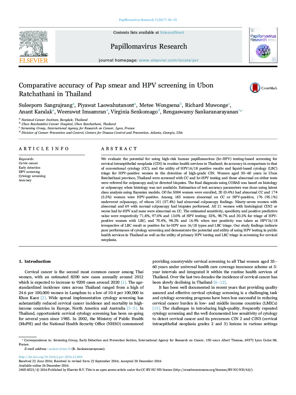 Comparative accuracy of Pap smear and HPV screening in Ubon Ratchathani in Thailand