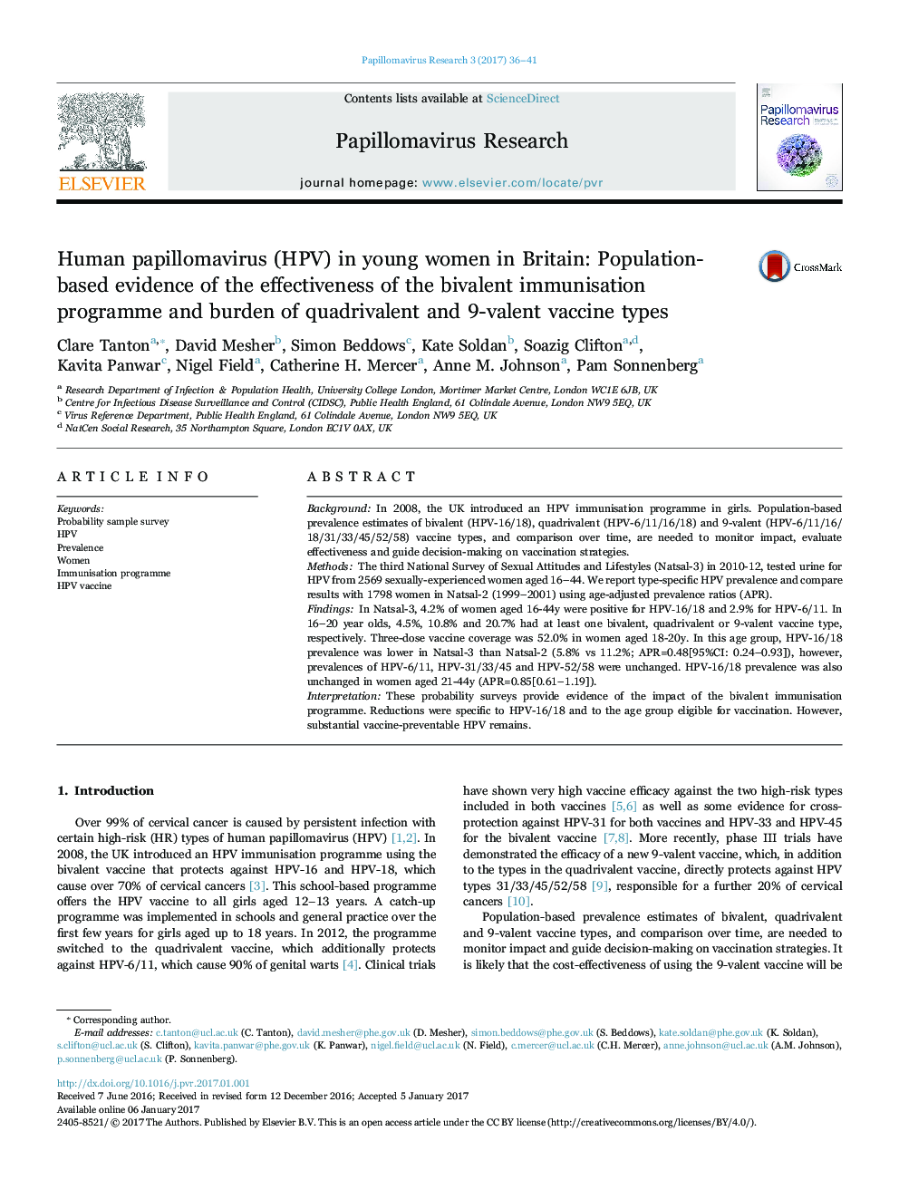 Human papillomavirus (HPV) in young women in Britain: Population-based evidence of the effectiveness of the bivalent immunisation programme and burden of quadrivalent and 9-valent vaccine types