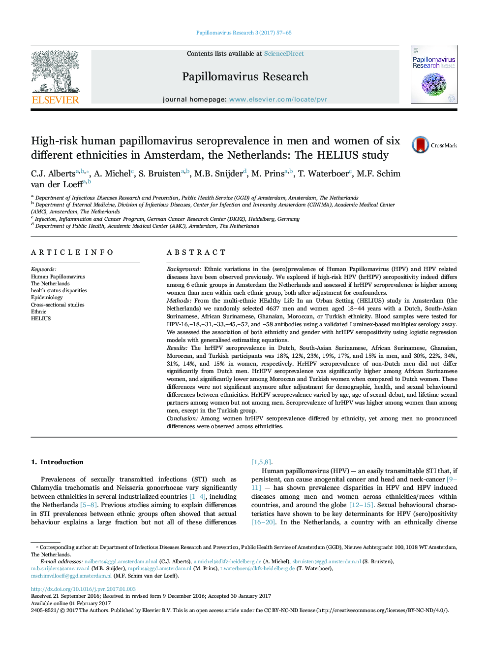 High-risk human papillomavirus seroprevalence in men and women of six different ethnicities in Amsterdam, the Netherlands: The HELIUS study