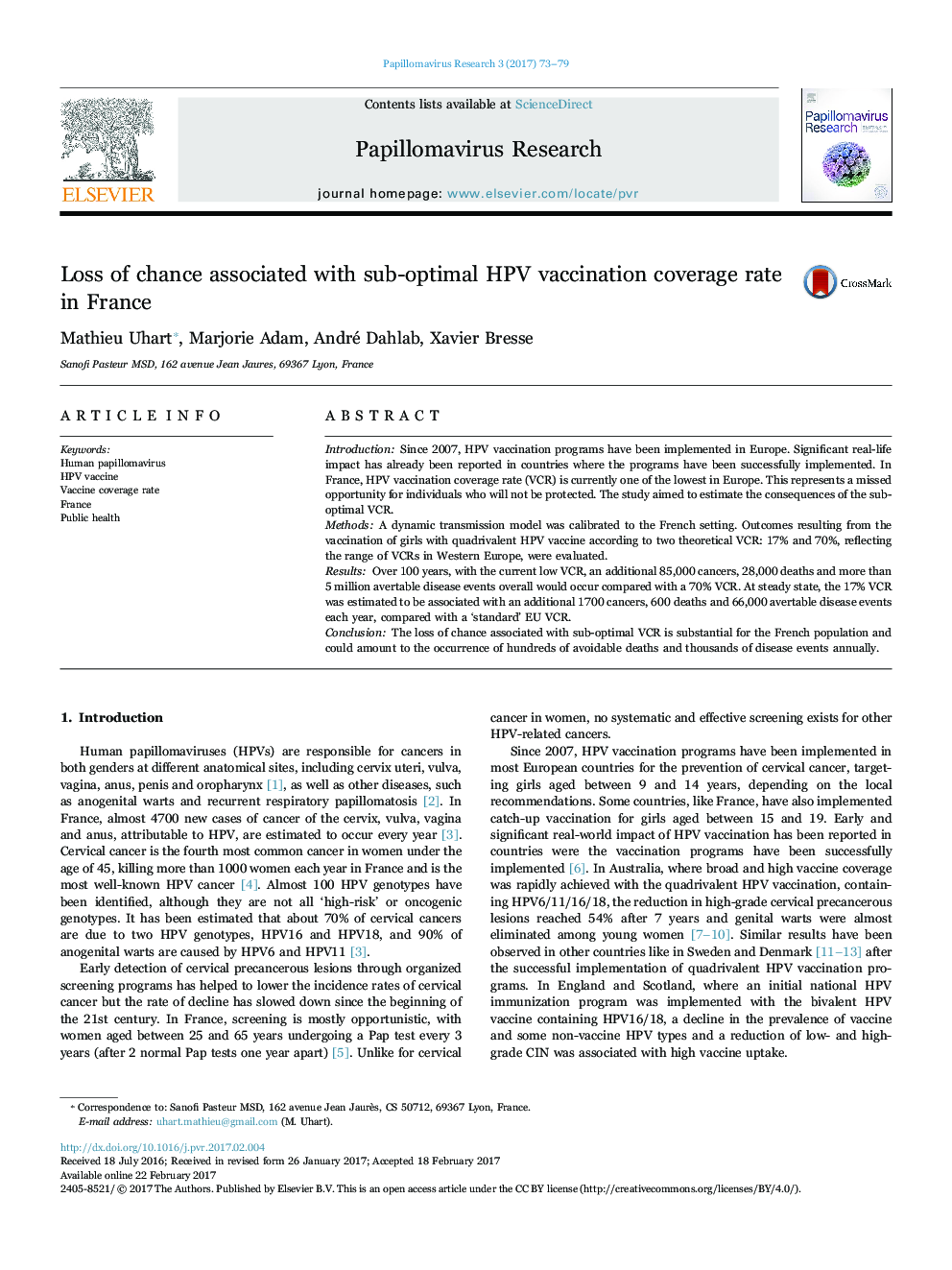 Loss of chance associated with sub-optimal HPV vaccination coverage rate in France