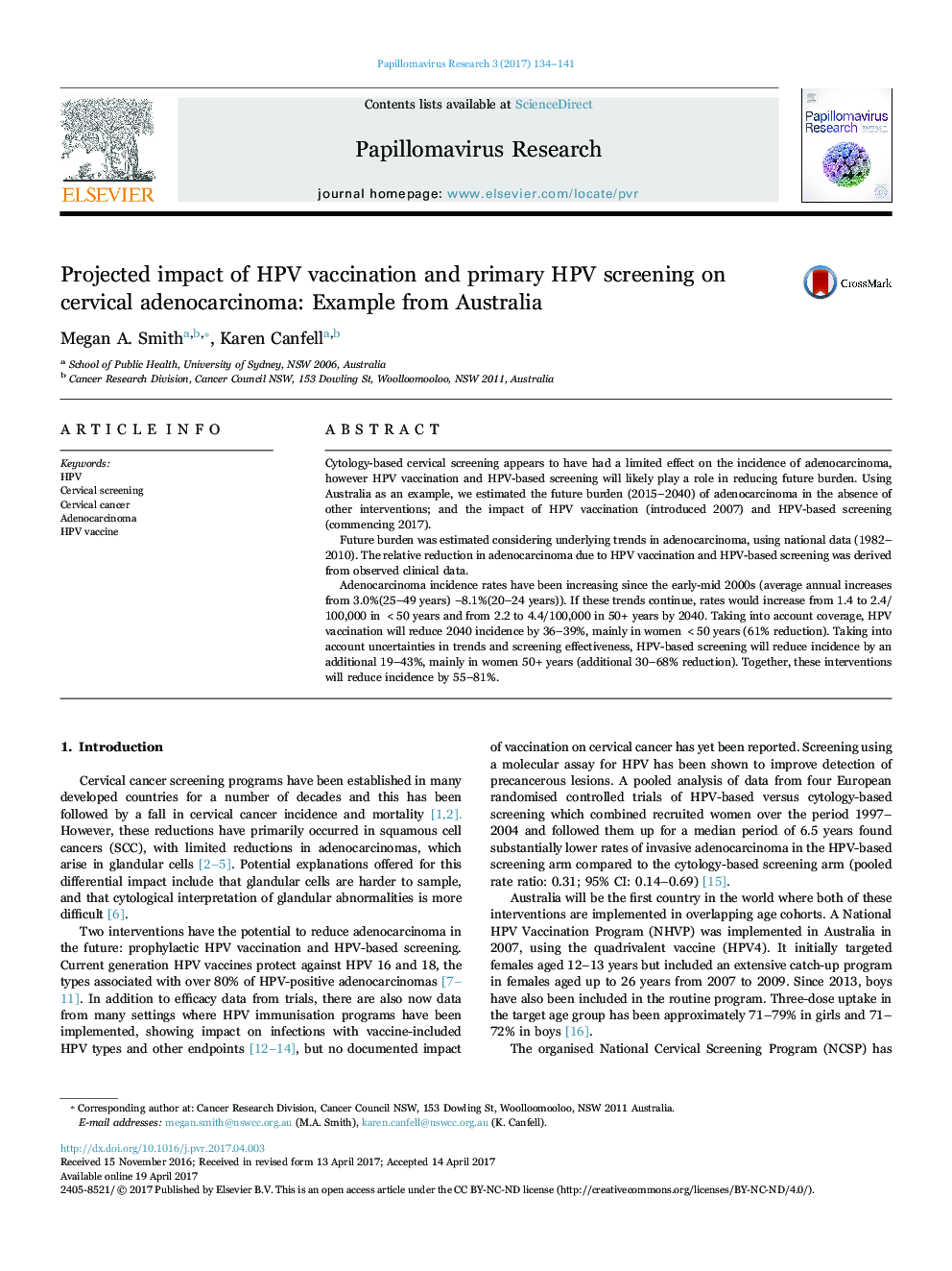 Projected impact of HPV vaccination and primary HPV screening on cervical adenocarcinoma: Example from Australia