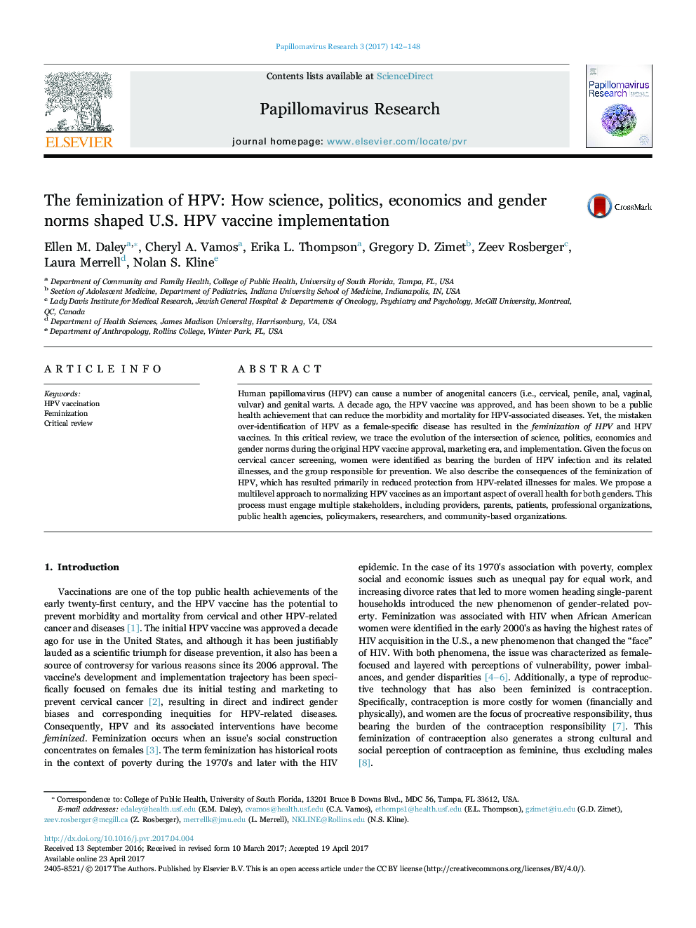 The feminization of HPV: How science, politics, economics and gender norms shaped U.S. HPV vaccine implementation