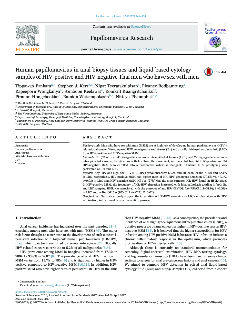 Human papillomavirus in anal biopsy tissues and liquid-based cytology samples of HIV-positive and HIV-negative Thai men who have sex with men