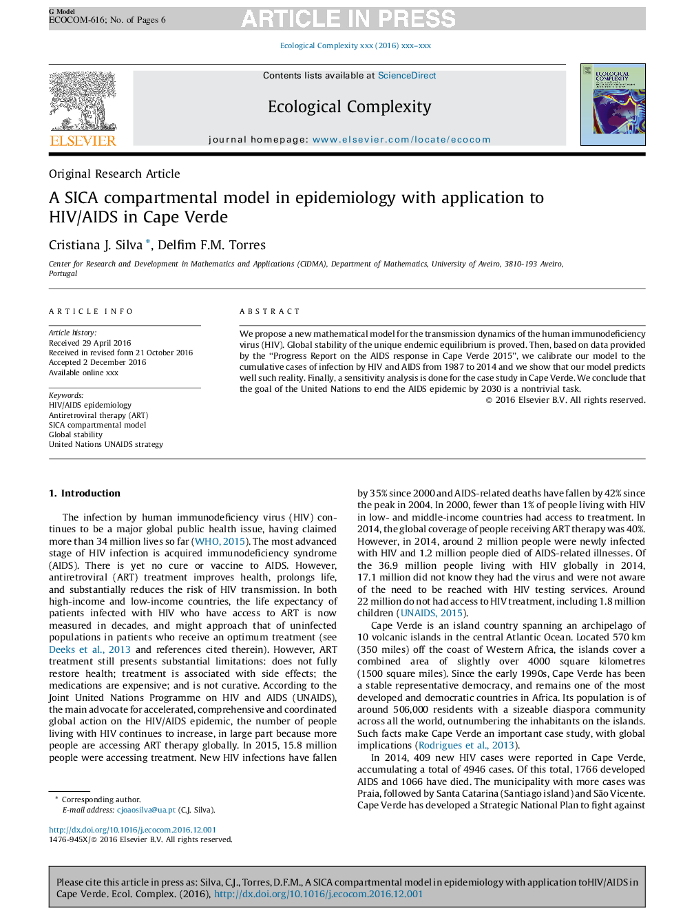 A SICA compartmental model in epidemiology with application to HIV/AIDS in Cape Verde