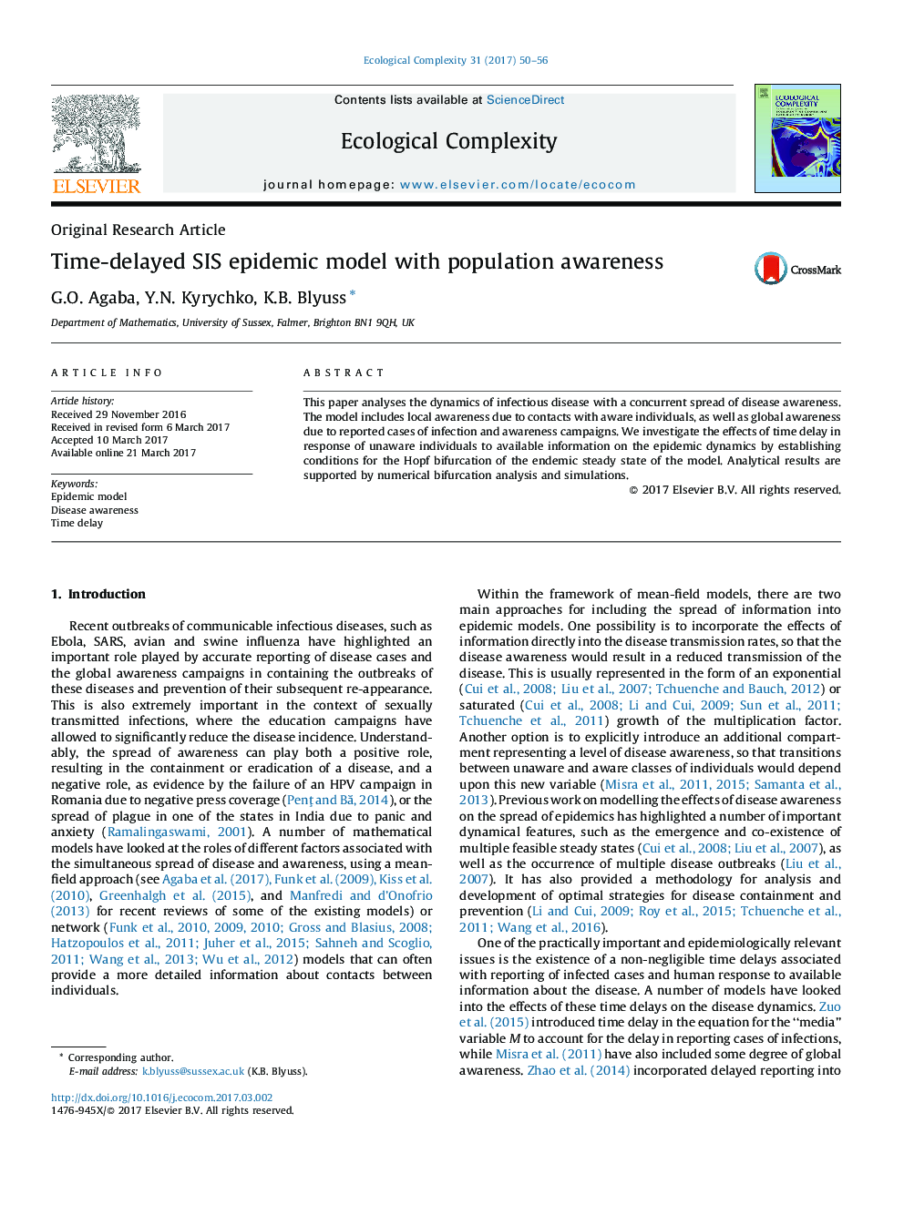 Original Research ArticleTime-delayed SIS epidemic model with population awareness