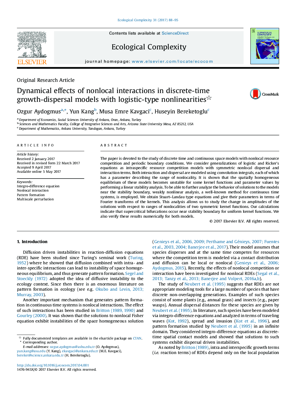 Original Research ArticleDynamical effects of nonlocal interactions in discrete-time growth-dispersal models with logistic-type nonlinearities