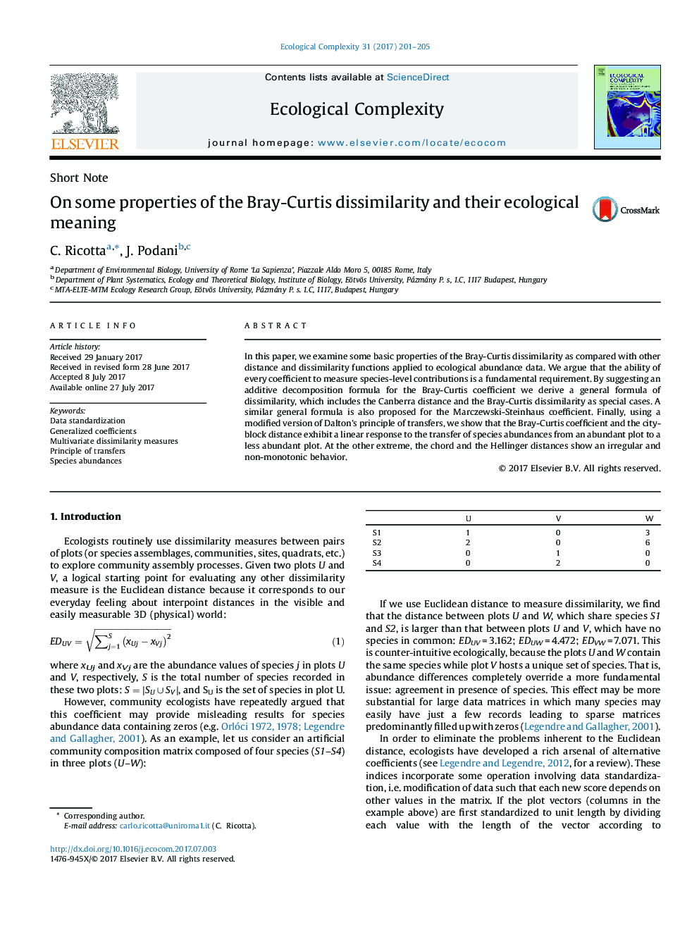 On some properties of the Bray-Curtis dissimilarity and their ecological meaning