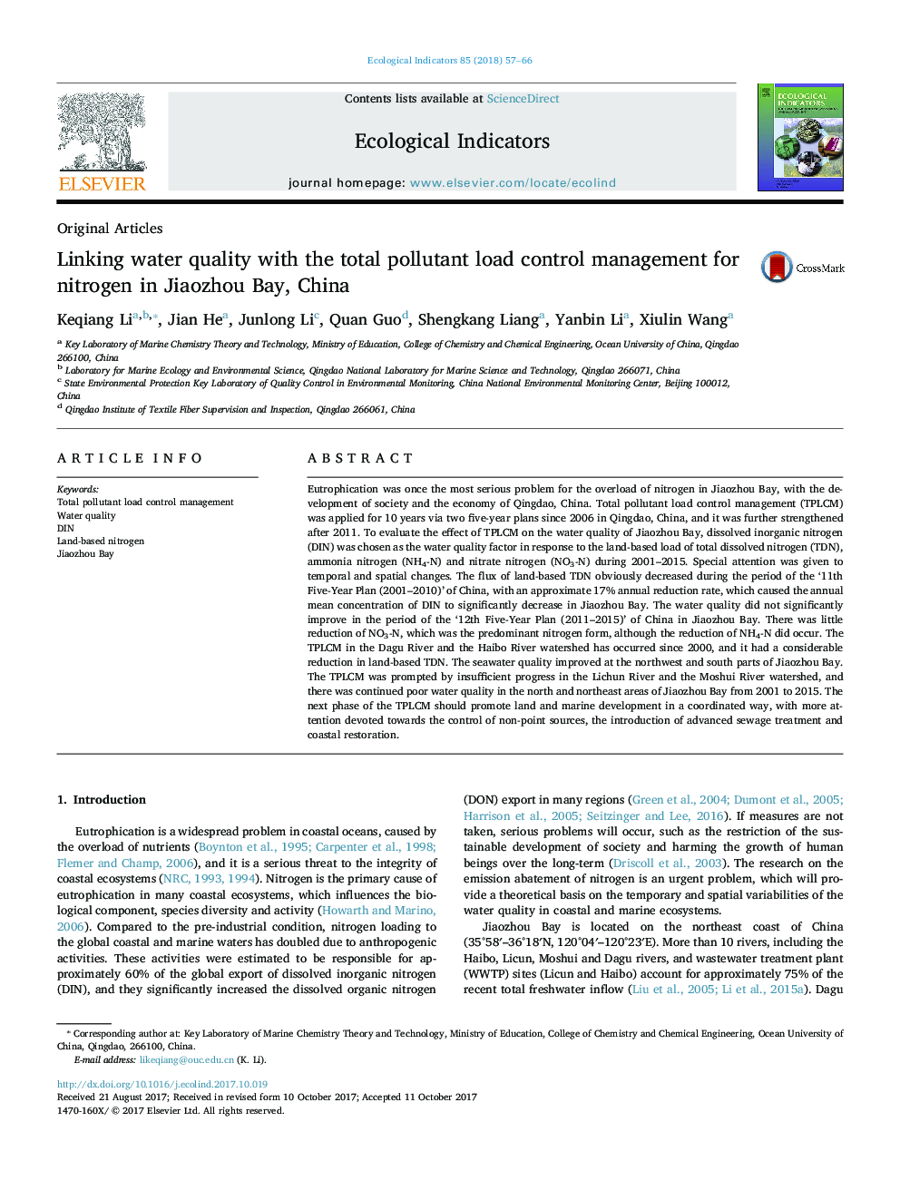 Original ArticlesLinking water quality with the total pollutant load control management for nitrogen in Jiaozhou Bay, China