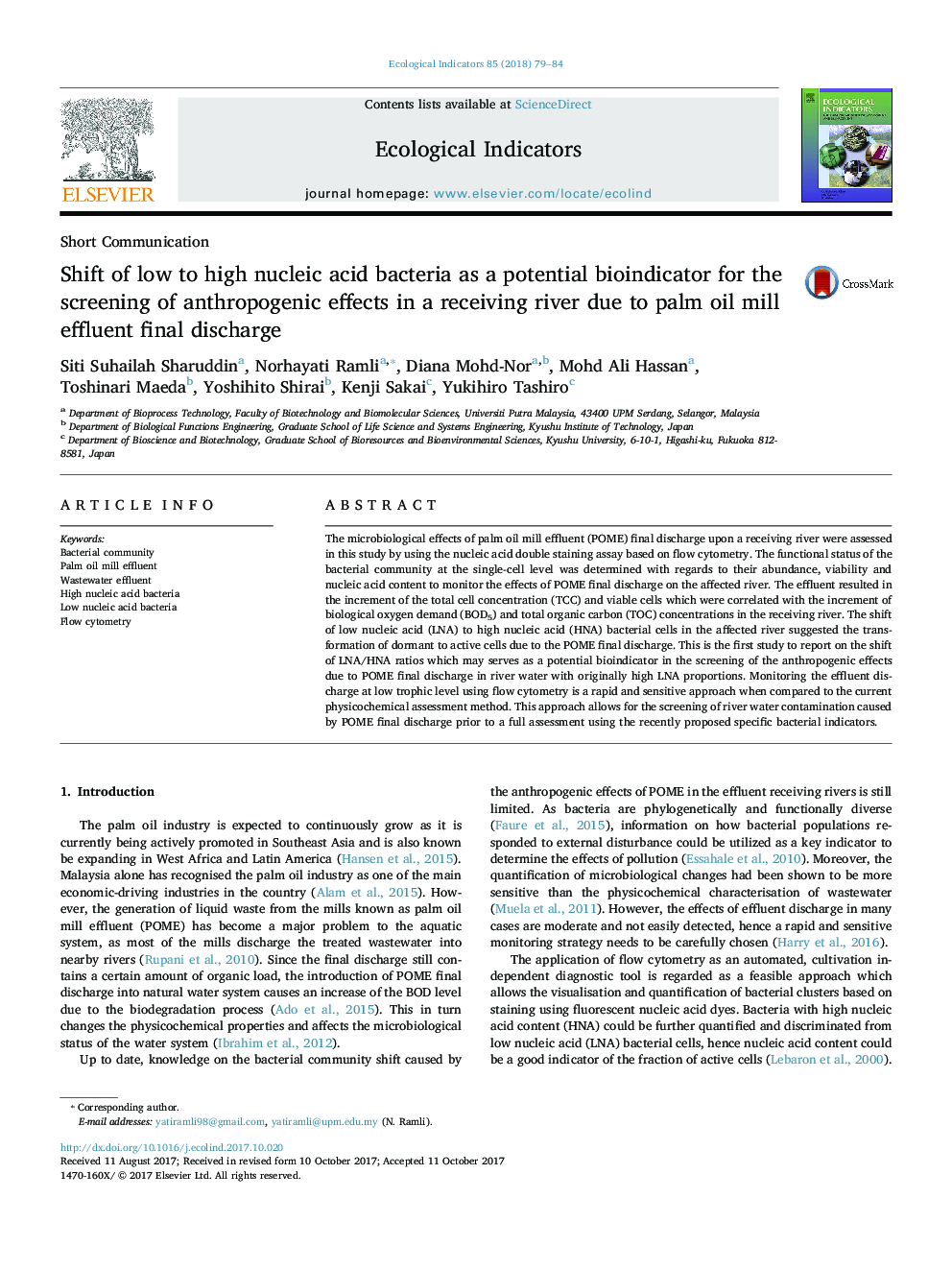 Short CommunicationShift of low to high nucleic acid bacteria as a potential bioindicator for the screening of anthropogenic effects in a receiving river due to palm oil mill effluent final discharge