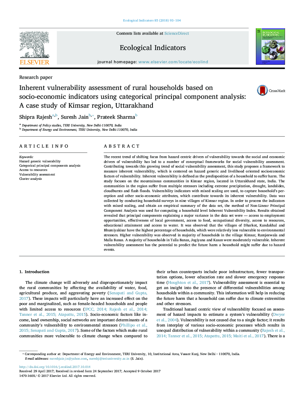 Research paperInherent vulnerability assessment of rural households based on socio-economic indicators using categorical principal component analysis: A case study of Kimsar region, Uttarakhand