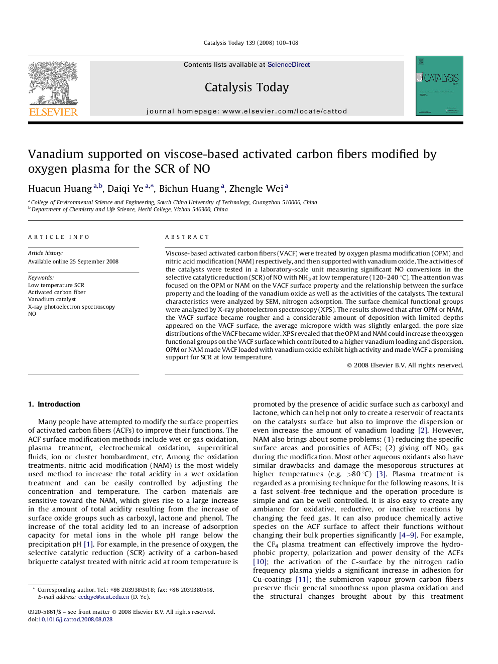 Vanadium supported on viscose-based activated carbon fibers modified by oxygen plasma for the SCR of NO