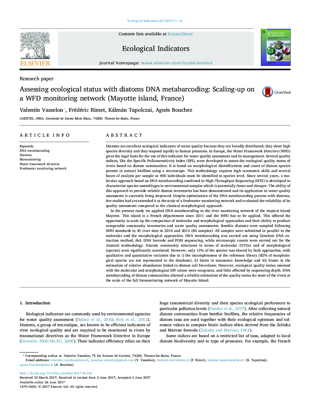 Research paperAssessing ecological status with diatoms DNA metabarcoding: Scaling-up on a WFD monitoring network (Mayotte island, France)
