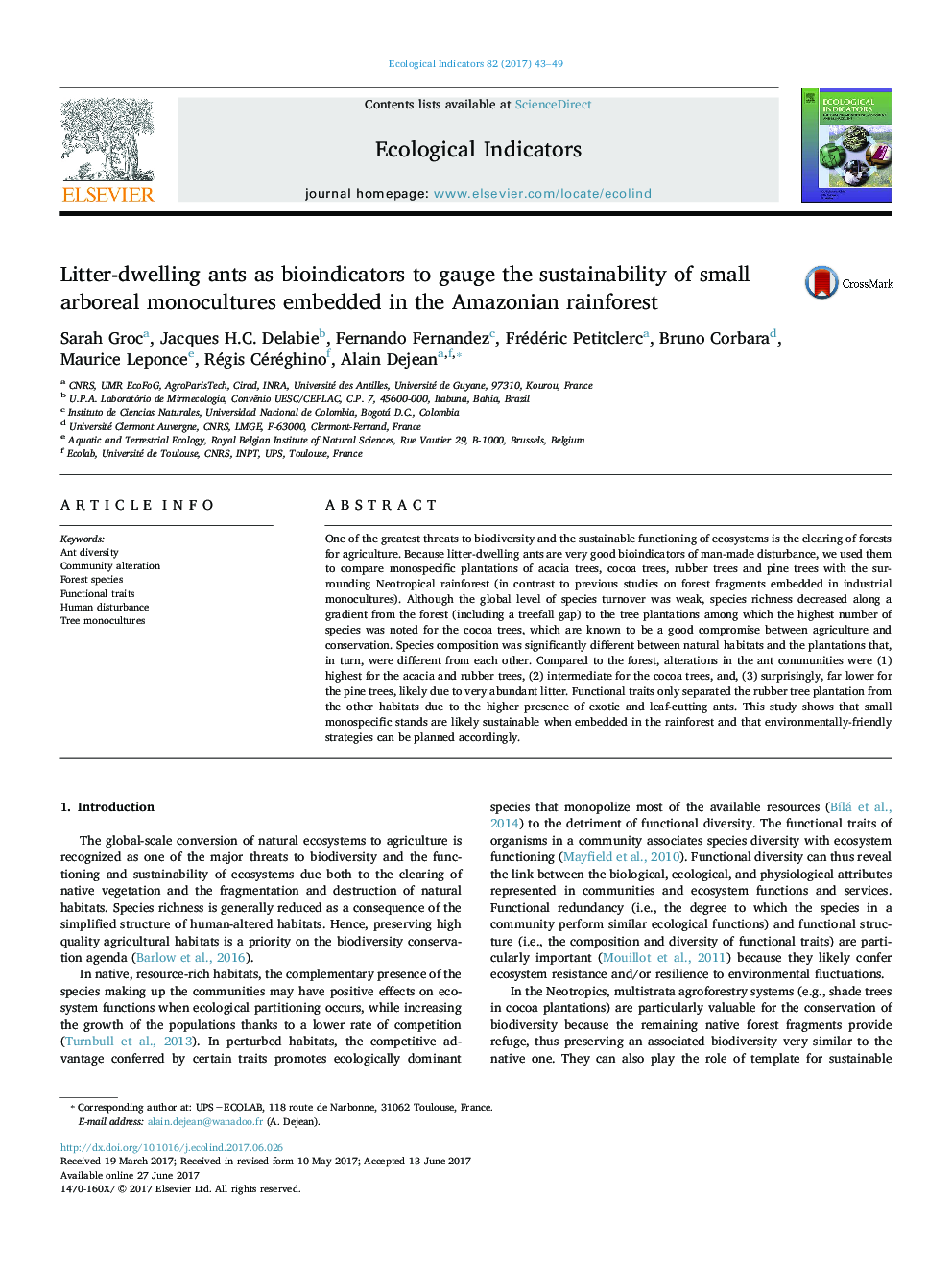 Litter-dwelling ants as bioindicators to gauge the sustainability of small arboreal monocultures embedded in the Amazonian rainforest