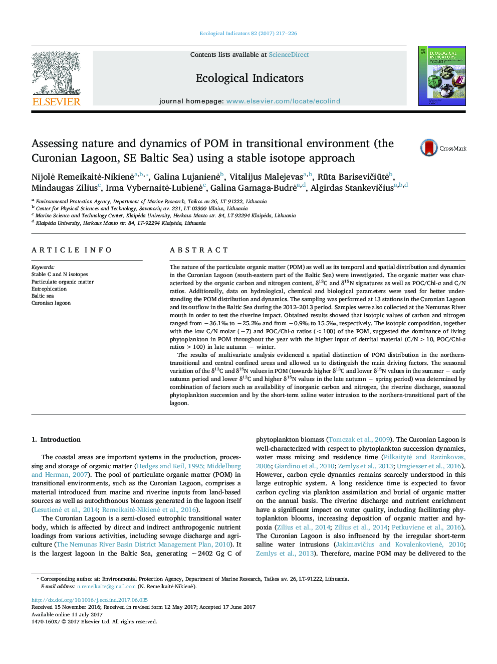 Assessing nature and dynamics of POM in transitional environment (the Curonian Lagoon, SE Baltic Sea) using a stable isotope approach