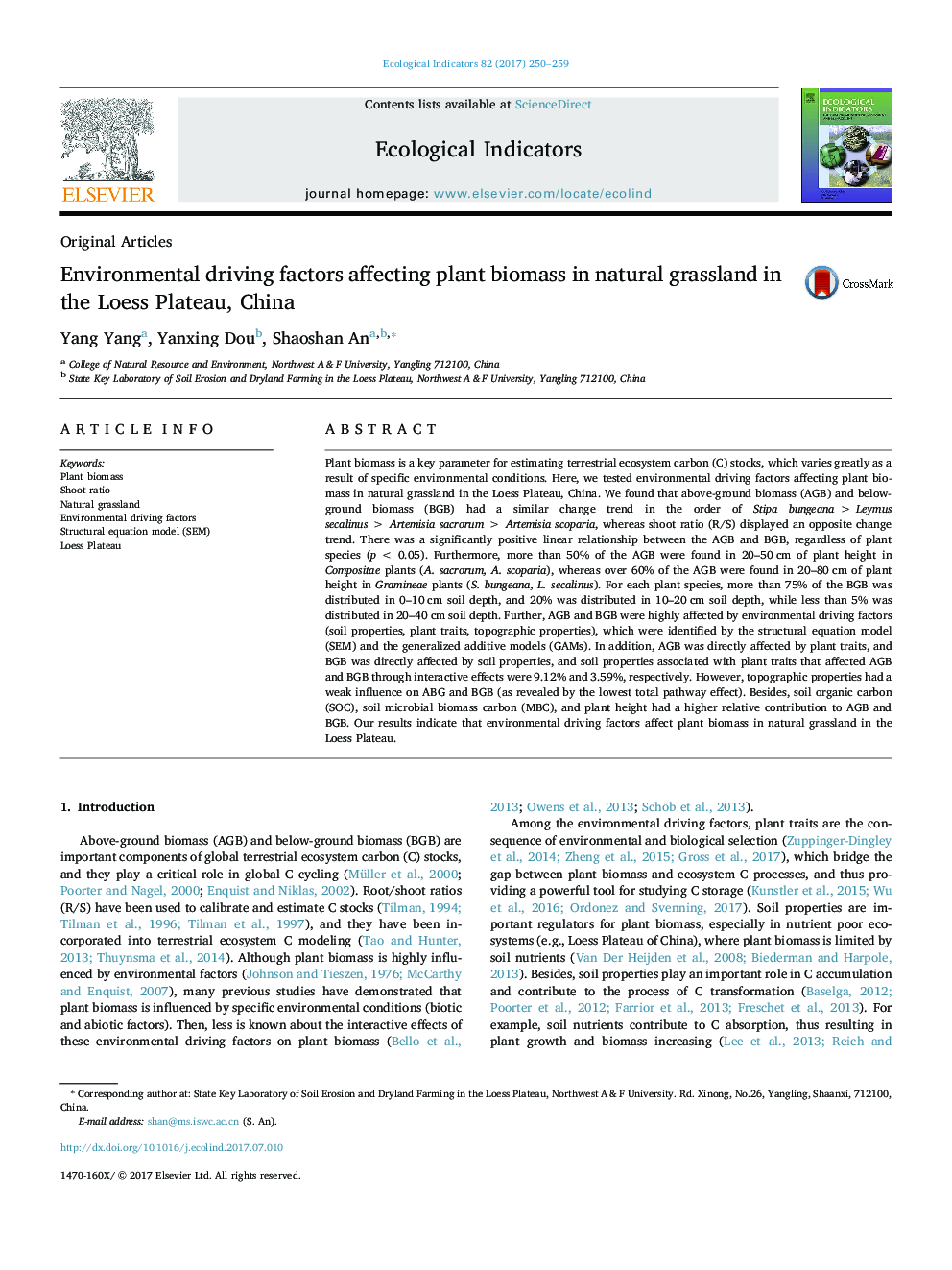 Original ArticlesEnvironmental driving factors affecting plant biomass in natural grassland in the Loess Plateau, China