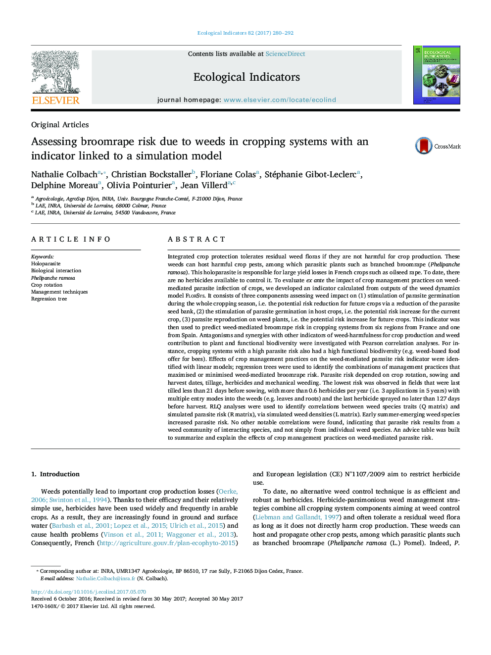 Original ArticlesAssessing broomrape risk due to weeds in cropping systems with an indicator linked to a simulation model