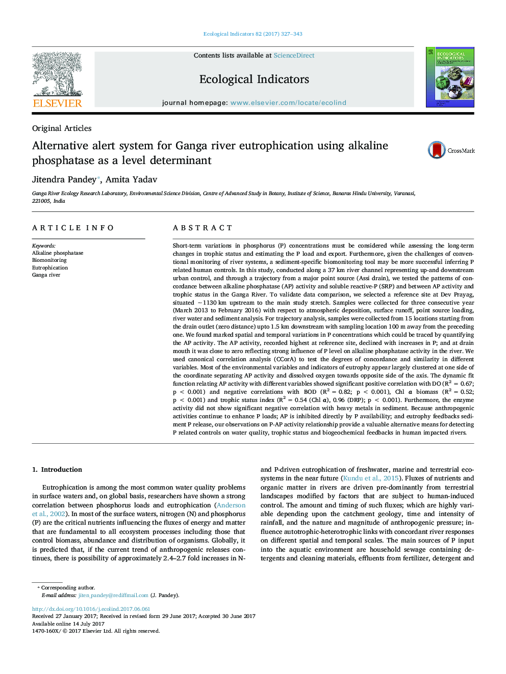 Original ArticlesAlternative alert system for Ganga river eutrophication using alkaline phosphatase as a level determinant