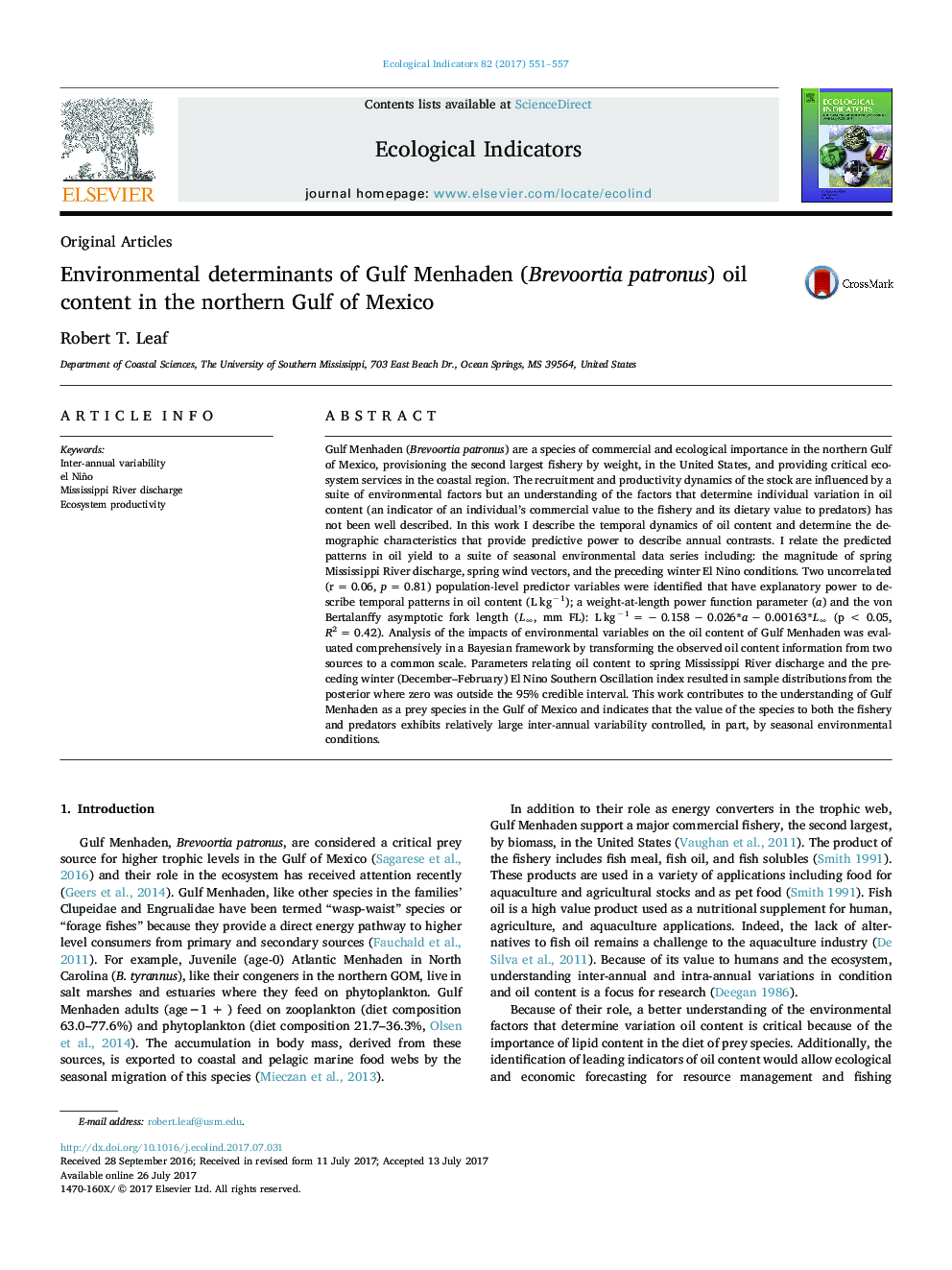 Original ArticlesEnvironmental determinants of Gulf Menhaden (Brevoortia patronus) oil content in the northern Gulf of Mexico