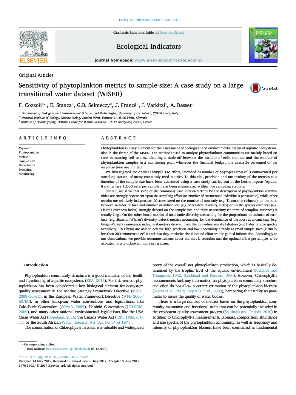 Sensitivity of phytoplankton metrics to sample-size: A case study on a large transitional water dataset (WISER)