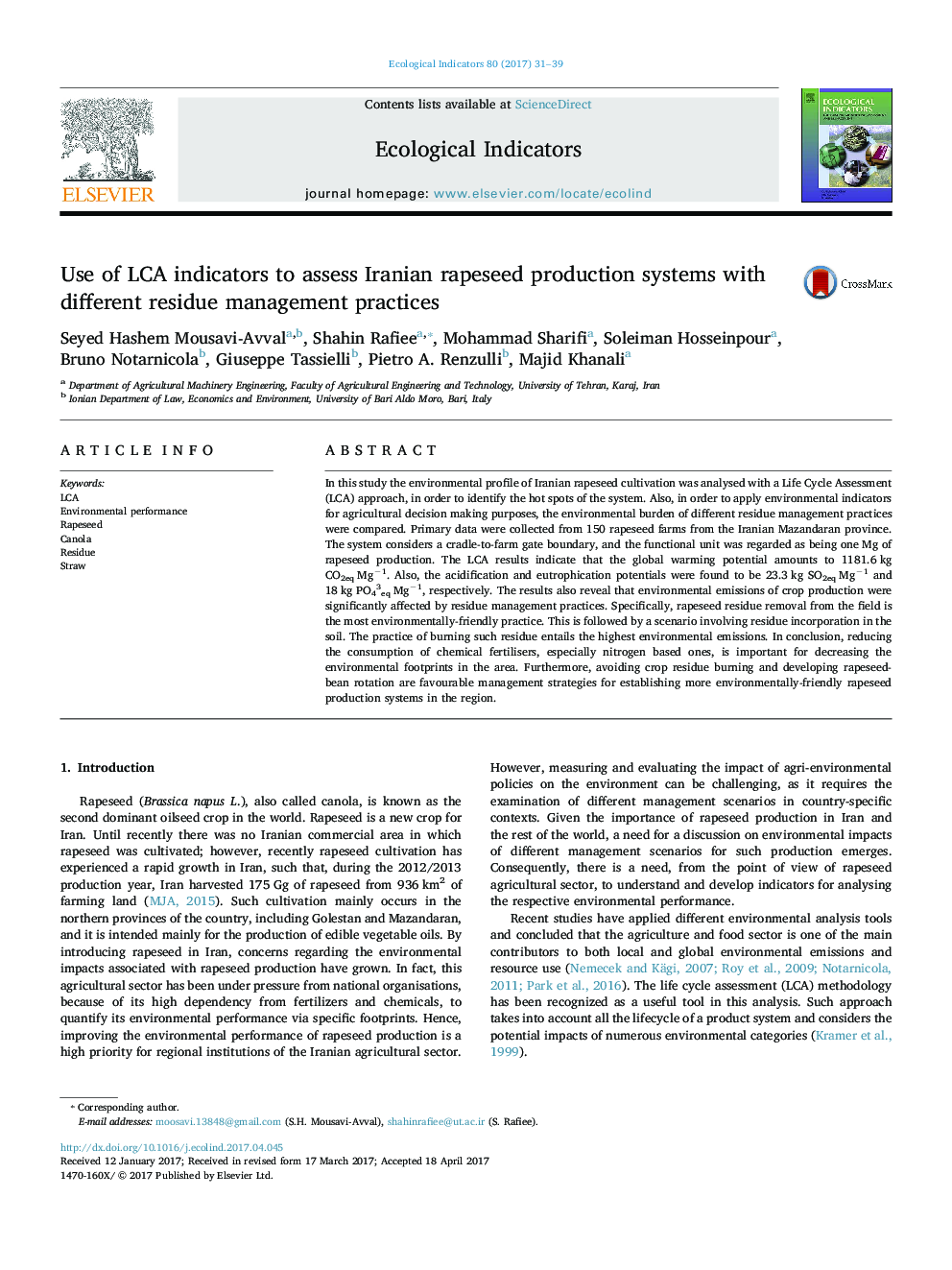 Use of LCA indicators to assess Iranian rapeseed production systems with different residue management practices