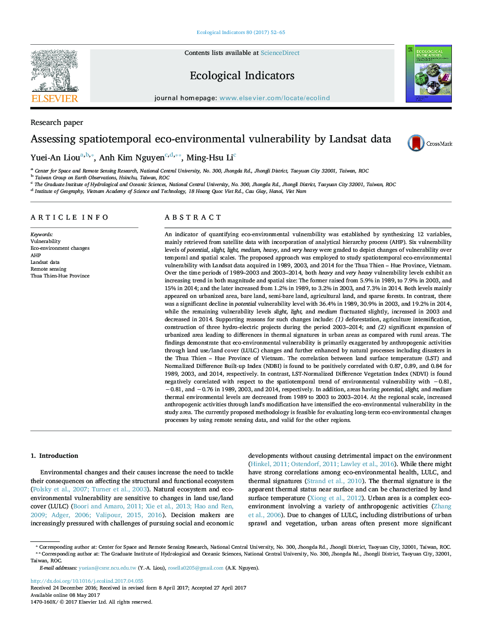 Research paperAssessing spatiotemporal eco-environmental vulnerability by Landsat data