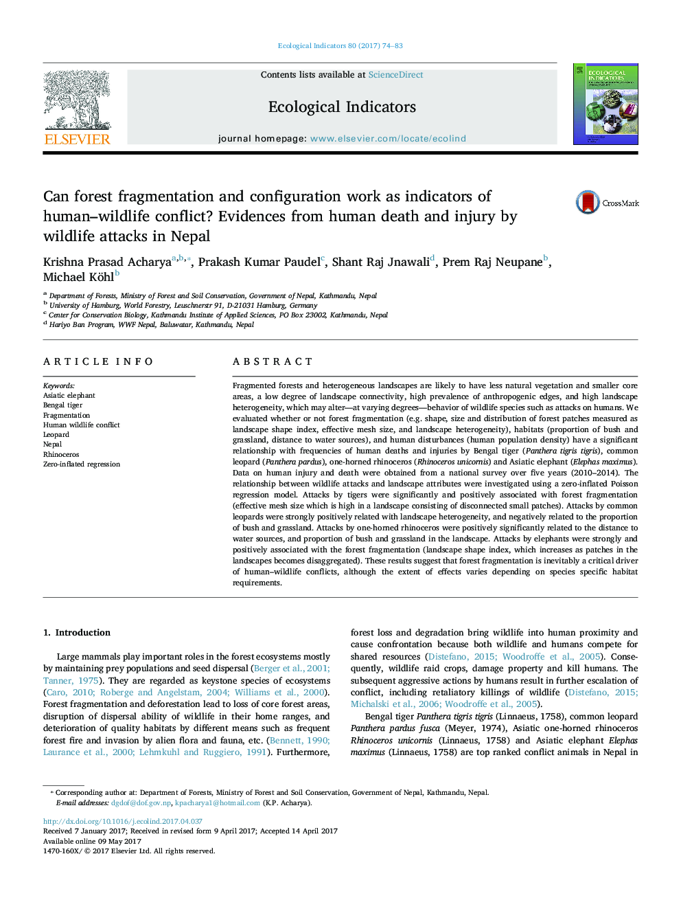 Can forest fragmentation and configuration work as indicators of human-wildlife conflict? Evidences from human death and injury by wildlife attacks in Nepal