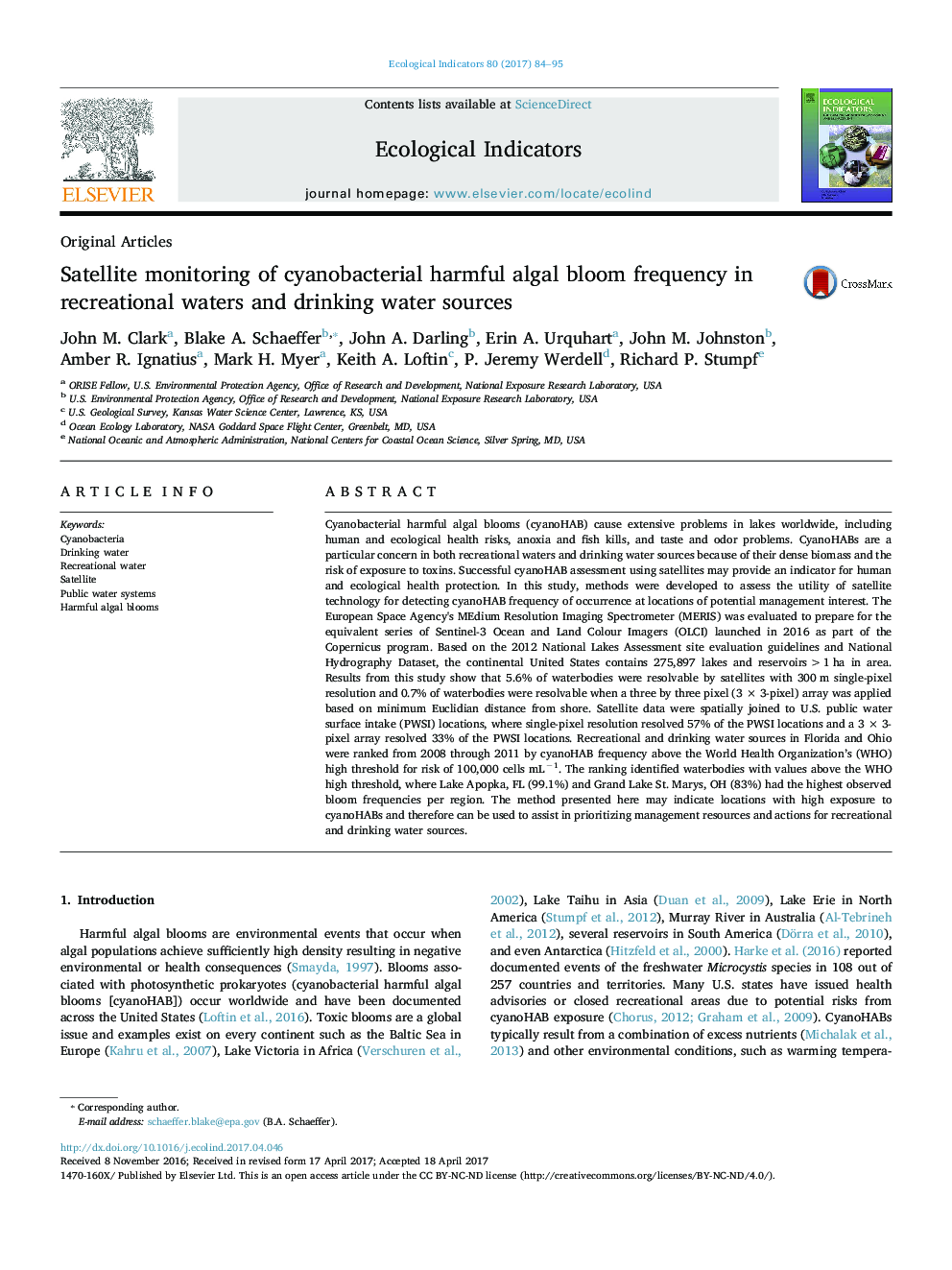 Satellite monitoring of cyanobacterial harmful algal bloom frequency in recreational waters and drinking water sources