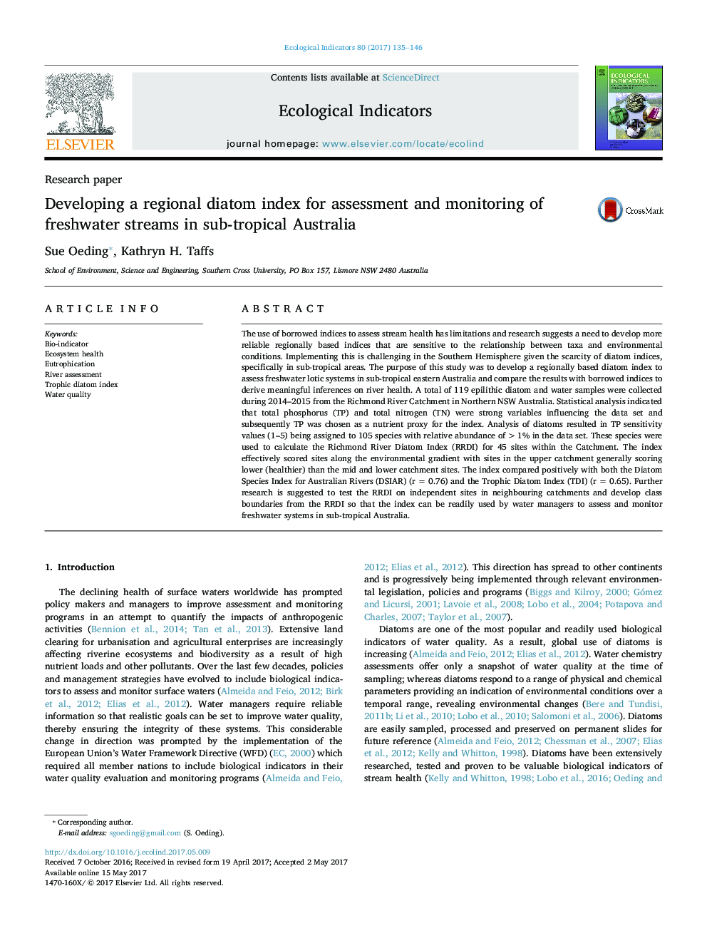 Research paperDeveloping a regional diatom index for assessment and monitoring of freshwater streams in sub-tropical Australia