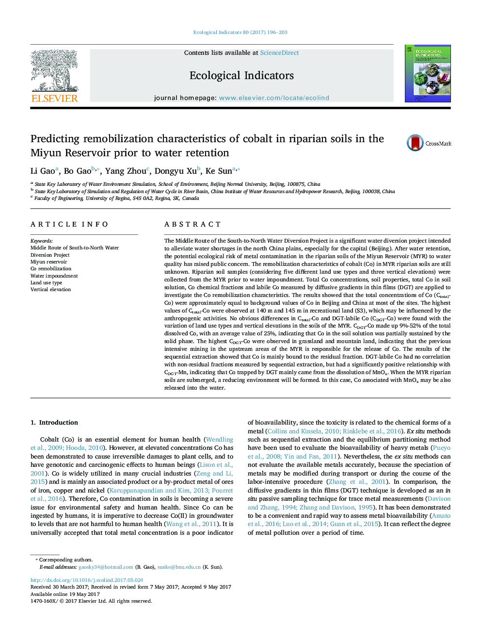 Predicting remobilization characteristics of cobalt in riparian soils in the Miyun Reservoir prior to water retention