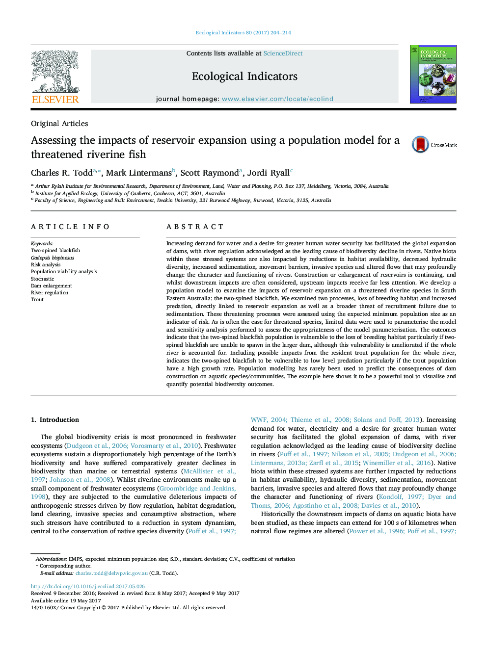 Original ArticlesAssessing the impacts of reservoir expansion using a population model for a threatened riverine fish