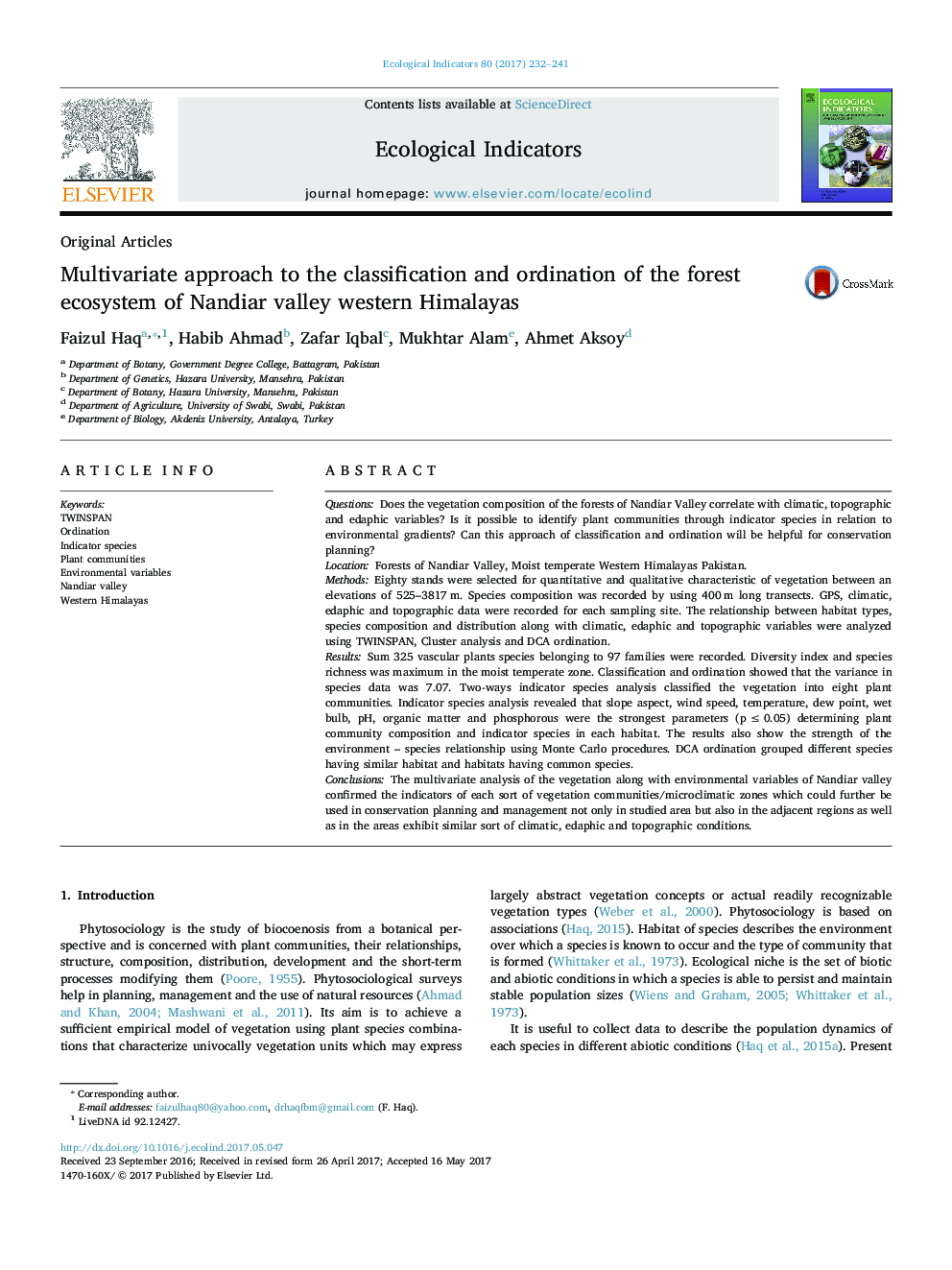 Multivariate approach to the classification and ordination of the forest ecosystem of Nandiar valley western Himalayas