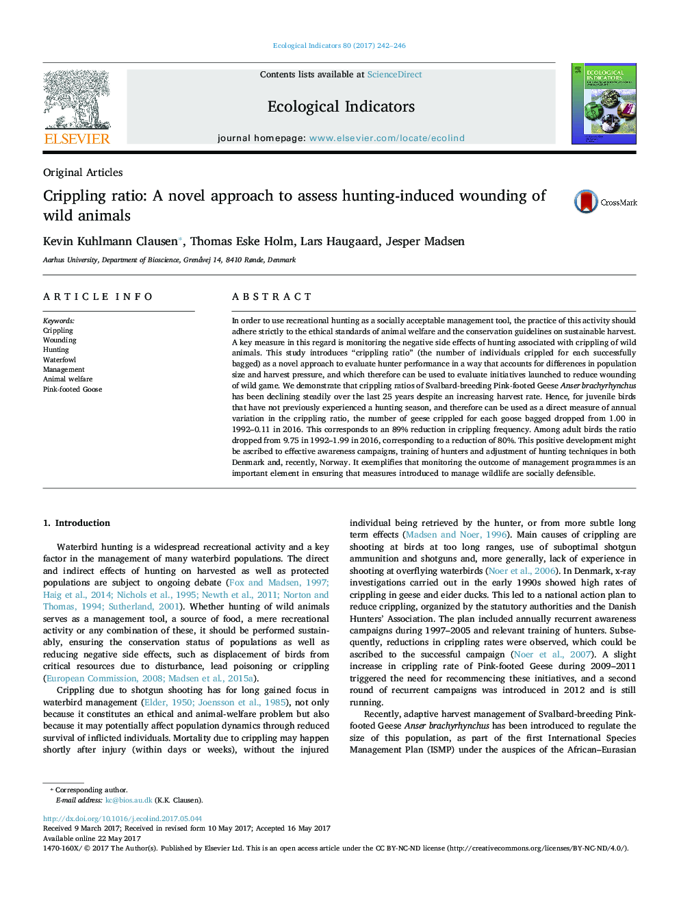 Original ArticlesCrippling ratio: A novel approach to assess hunting-induced wounding of wild animals