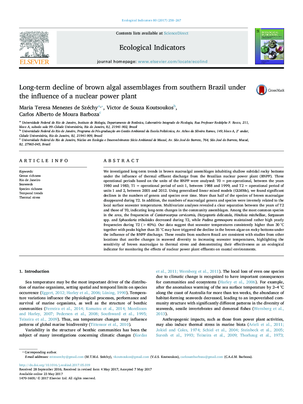 Long-term decline of brown algal assemblages from southern Brazil under the influence of a nuclear power plant