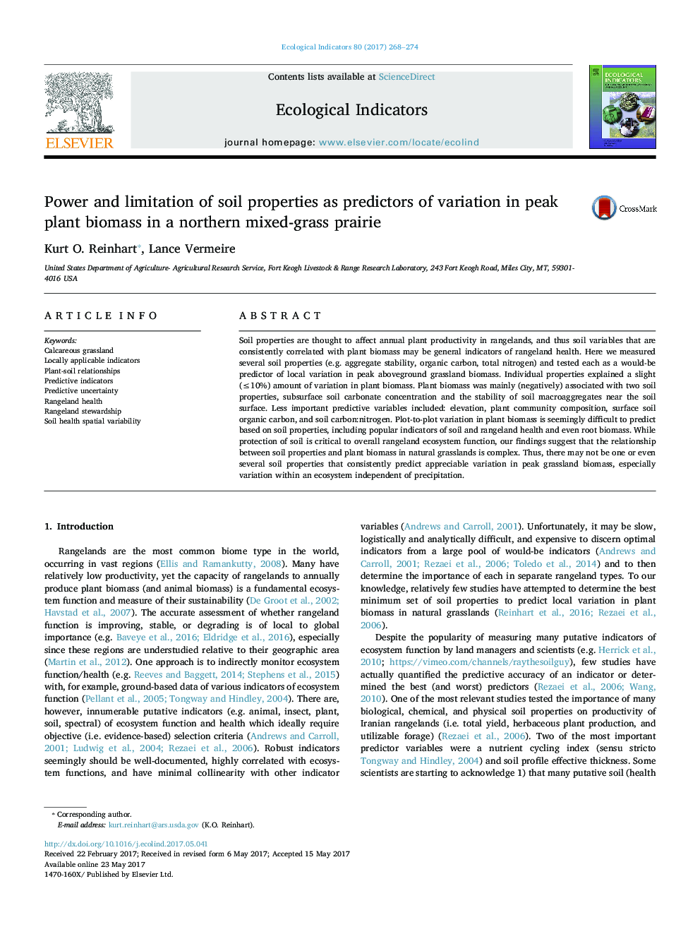 Power and limitation of soil properties as predictors of variation in peak plant biomass in a northern mixed-grass prairie