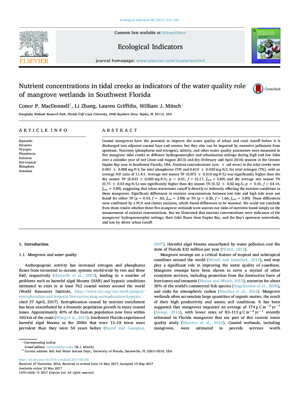 Nutrient concentrations in tidal creeks as indicators of the water quality role of mangrove wetlands in Southwest Florida