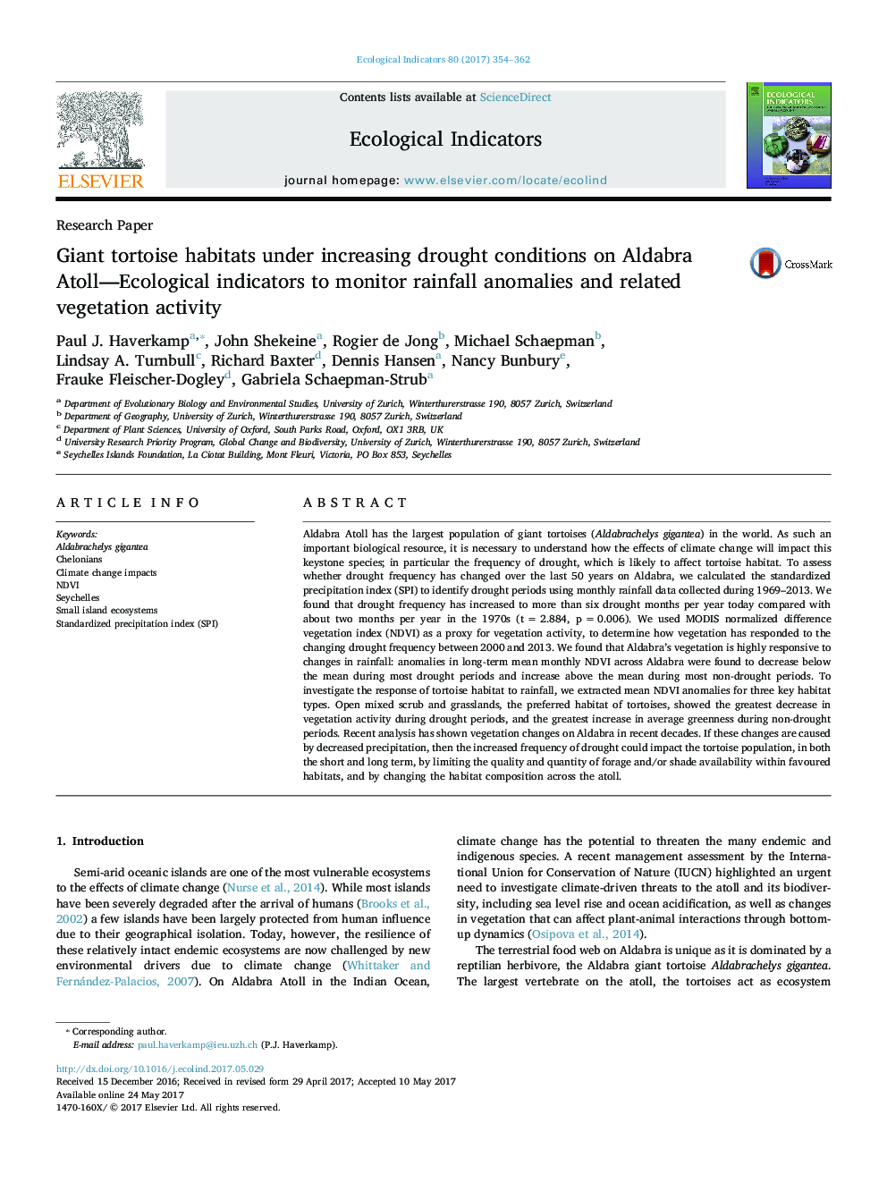 زیستگاه لاک پشتی تحقیقاتی تحت شرایط رو به رشد خشکسالی بر شاخص های الدابرا آتول-اکولوژیکی برای نظارت بر ناهنجاری های بارش و فعالیت گیاهان مرتبط 
